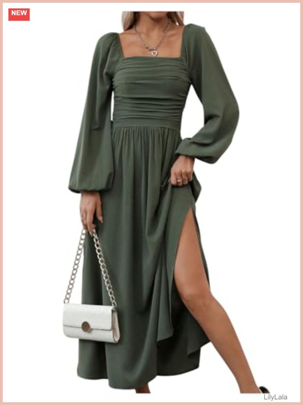 Square Neck Lantern Long Sleeve Ruched Split Midi Dress